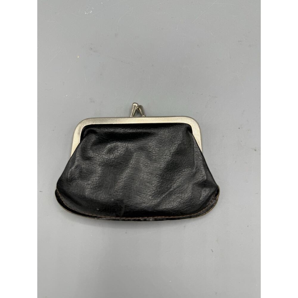 Vintage Black Leather Kiss Lock Coin Purse Metal Frame Pouch